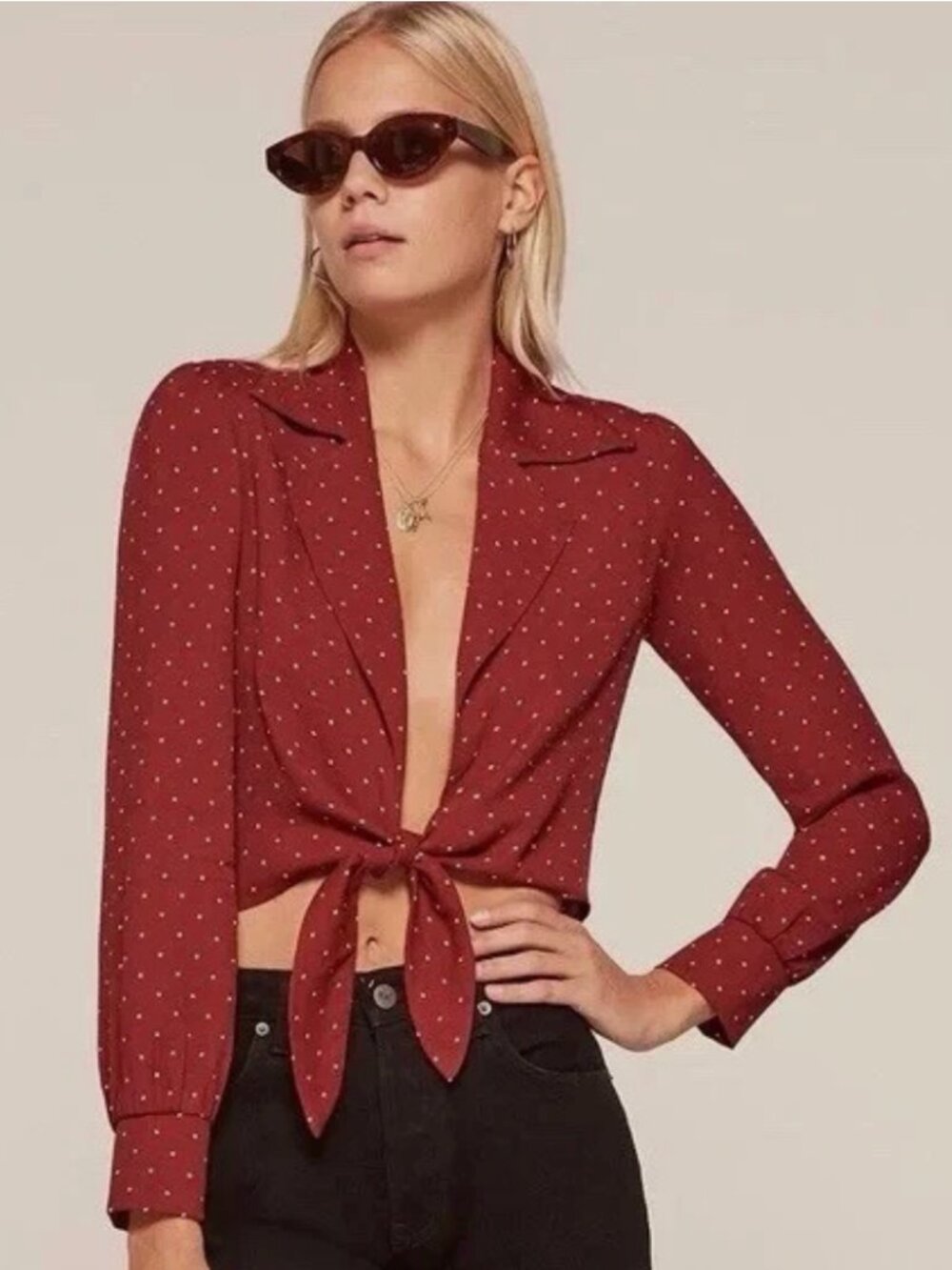 Reformation Blouse Tie Front Long Sleeve Polka Dot XS